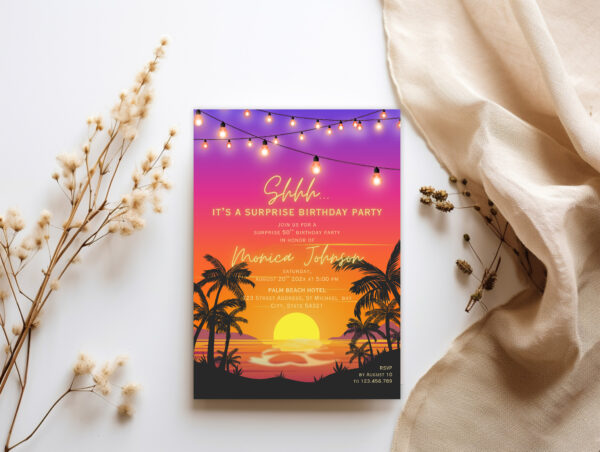 Beach sunset surprise birthday invitation preview1