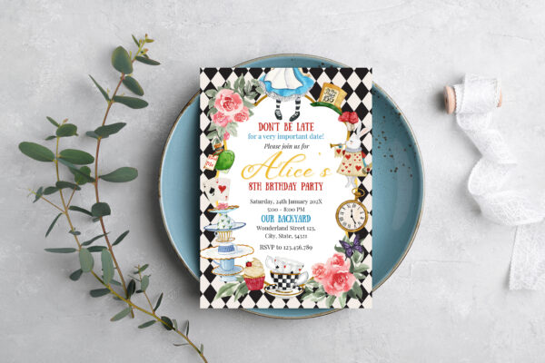 Wedding stationery invitation card mockup 5x7 on grey background with eucalyptus, Menu card mockup with festive wedding or birthday table setting, blue ceramic plate. Minimal blank card mockup