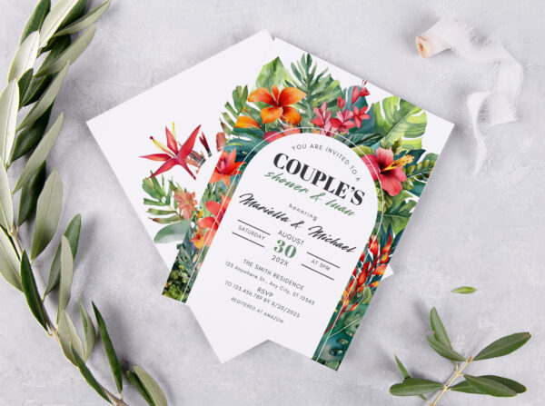 Two blank wedding invitation stationery card mockup on grey stone table background with olive branches, feminine Mediterranean flat lay, top view. Minimalist mockup 5x7 ratio, similar to A6, A5