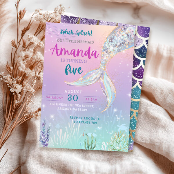 Printable Glittered Mermaid Birthday Invitation preview1
