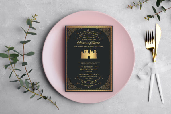 Wedding stationery invitation card mockup 5x7 on grey background with eucalyptus, Menu card mockup with festive wedding or birthday table setting, pink ceramic plate. Minimal blank card mockup