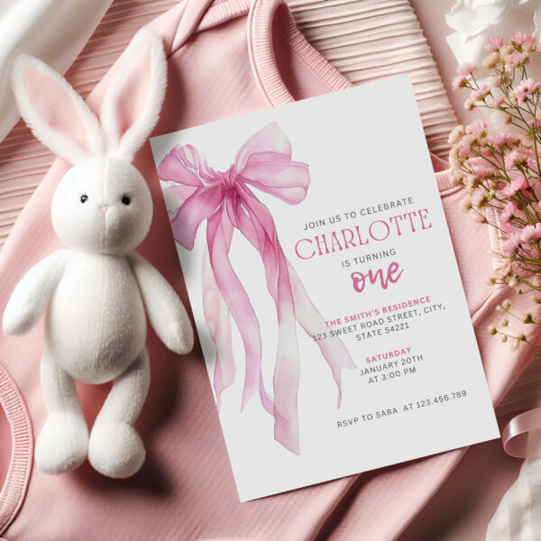 Printable Pink Bow First Birthday invitation preview2