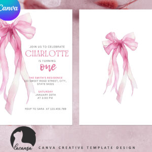 Printable Pink Bow First Birthday invitation preview3