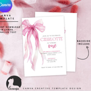 Printable Pink Bow First Birthday invitation preview4