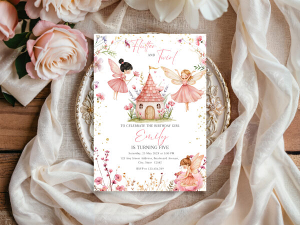 Printable Pink fairy birthday invitation preview1