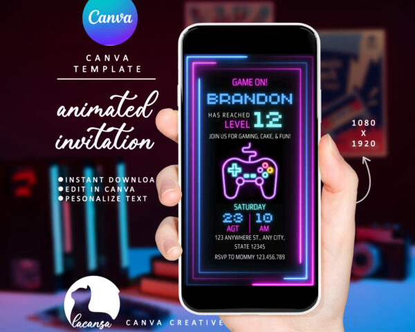 animated neon gaming birthday invitation preview